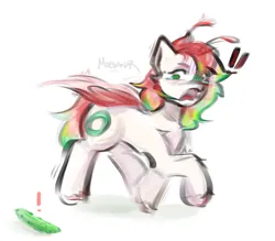 Size: 1431x1254 | Tagged: safe, artist:moewwur, artist:rin-mandarin, derpibooru import, oc, oc:chise, unofficial characters only, pegasus, pony, behaving like a cat, chest fluff, cucumber, doodle, female, food, full body, green eyes, green mane, image, light skin, mare, pegasus oc, png, red mane, scared, solo, teary eyes, tendrils, wings