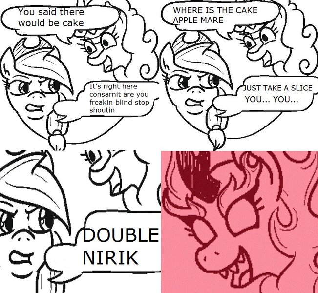 Size: 800x737 | Tagged: safe, derpibooru import, applejack, earth pony, kirin, nirik, pony, 4 panel comic, comic, dialogue, double nigger, double nigger meme, english, female, image, jpeg, mare, meme, panels, speech bubble