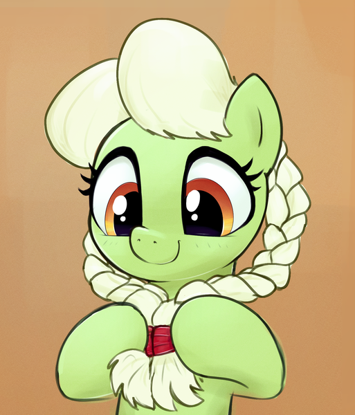 Size: 1499x1753 | Tagged: safe, artist:whiskeypanda, derpibooru import, granny smith, earth pony, pony, blushing, braid, bust, female, g4, gradient background, image, looking down, mare, playing with hair, png, smiling, solo, twin braids, young granny smith, younger