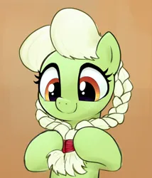 Size: 1499x1753 | Tagged: safe, artist:whiskeypanda, derpibooru import, granny smith, earth pony, pony, blushing, braid, bust, female, g4, gradient background, image, looking down, mare, playing with hair, png, smiling, solo, young granny smith, younger