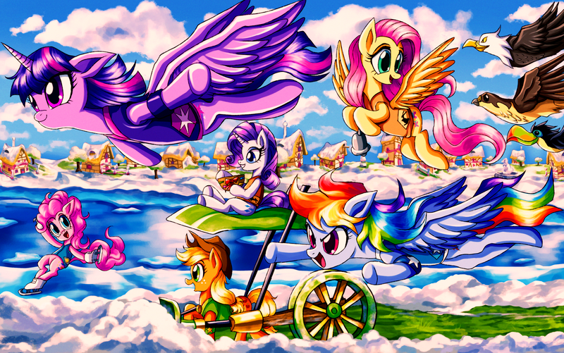 Size: 2990x1874 | Tagged: safe, derpibooru import, applejack, fluttershy, pinkie pie, rainbow dash, rarity, twilight sparkle, alicorn, bird, eagle, earth pony, falcon, pegasus, pony, toucan, unicorn, season 1, winter wrap up, g4, horn, ice, image, mane six, png, ponyville, snow