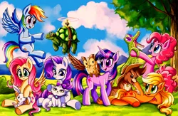 Size: 2919x1898 | Tagged: safe, derpibooru import, angel bunny, applejack, fluttershy, gummy, opalescence, owlowiscious, pinkie pie, rainbow dash, rarity, tank, twilight sparkle, winona, alligator, bird, cat, dog, earth pony, owl, pegasus, pony, rabbit, turtle, unicorn, animal, female, flying, horn, image, mane six, mare, pet, png, spread wings, unicorn twilight, wings