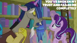 Size: 2000x1125 | Tagged: safe, derpibooru import, edit, edited screencap, editor:quoterific, screencap, discord, starlight glimmer, a matter of principals, bookshelf, duo, duo male and female, female, g4, image, ladder, male, png, school of friendship, twilight wig, wig