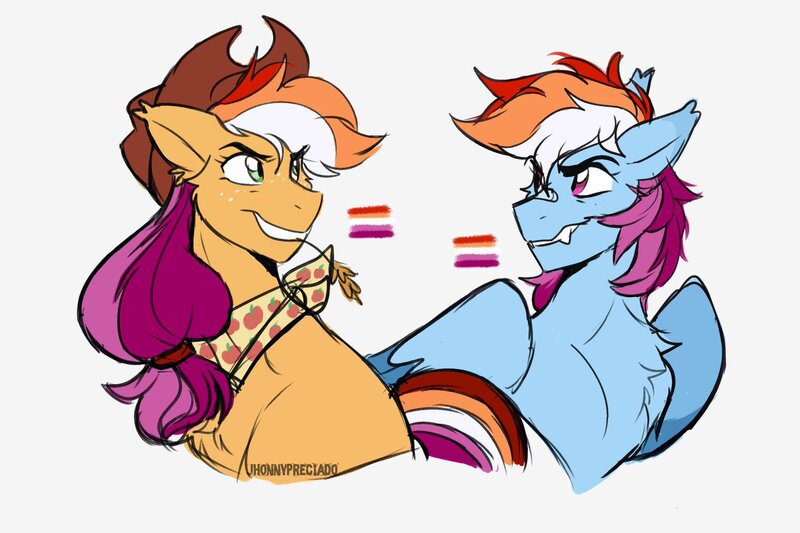 Size: 2048x1365 | Tagged: safe, artist:jhonnysheep, derpibooru import, applejack, rainbow dash, earth pony, pegasus, pony, 2023, duo, duo female, female, g4, image, jpeg, lesbian pride flag, looking at each other, looking at someone, pride, pride flag, simple background, smiling, white background