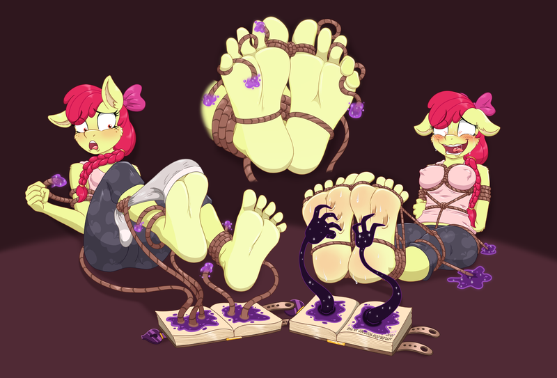 Size: 1918x1302 | Tagged: questionable, artist:caroo, derpibooru import, apple bloom, anthro, earth pony, plantigrade anthro, arm behind back, barefoot, bloomsub, bondage, book, braid, breasts, busty apple bloom, clothes, erect nipples, feet, fetish, foot fetish, foot focus, freckles, g4, gray background, image, laughing, magic, nipple outline, older, older apple bloom, open mouth, png, rope, rope bondage, shibari, shrunken pupils, simple background, socks, solo, tickle torture, tickling, toe tied, toes