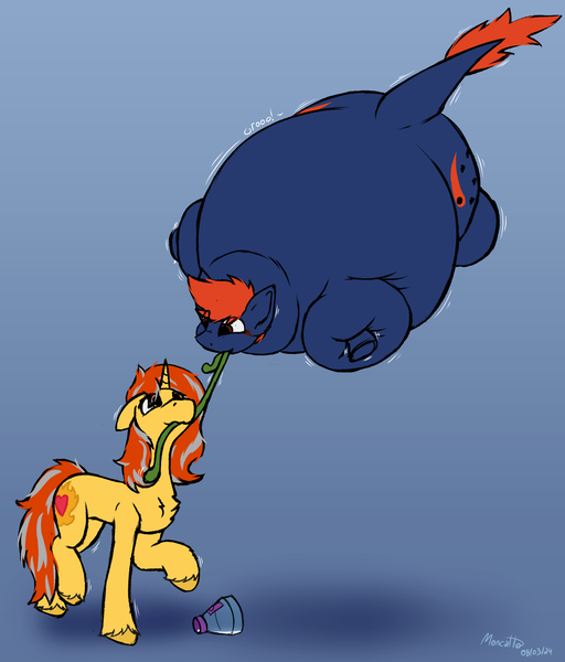 Size: 2595x3041 | Tagged: questionable, artist:monycaalot, derpibooru import, oc, oc:cinderheart, oc:fizark catto, unofficial characters only, monster pony, original species, pony, tatzlpony, unicorn, balloon, colored sketch, concave belly, helium inflation, horn, image, inflation, looking at each other, looking at someone, png, potion, sketch, tentacles