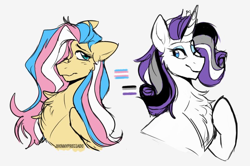 Size: 3000x2000 | Tagged: safe, artist:jhonnysheep, derpibooru import, fluttershy, rarity, pegasus, pony, unicorn, asexual, asexual pride flag, chest fluff, duo, duo female, eyeshadow, female, flarity, hair over one eye, horn, image, jpeg, lesbian, looking at each other, looking at someone, makeup, one eye closed, pride, pride flag, shipping, simple background, trans female, transgender, transgender pride flag, white background, wink
