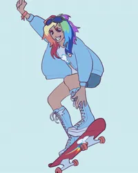 Size: 1440x1800 | Tagged: safe, artist:broniesforponies, derpibooru import, rainbow dash, human, blue background, clothes, female, grin, humanized, image, jacket, jpeg, lesbian pride flag, multicolored hair, pin, pride, pride flag, rainbow hair, simple background, skateboard, smiling, solo