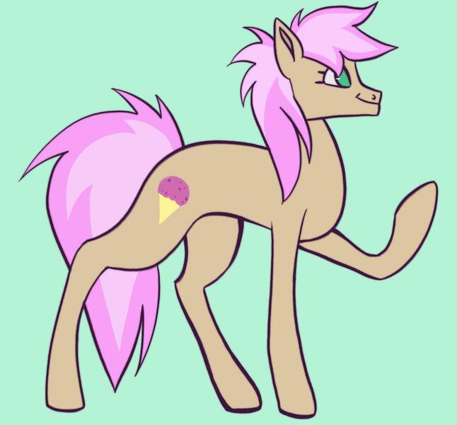 Size: 1440x1337 | Tagged: safe, artist:broniesforponies, derpibooru import, strawberry scoop, earth pony, pony, background pony, blue eyes, brown coat, cutie mark, friendship student, full body, green background, green eyes, image, jpeg, pink hair, pink mane, pink tail, raised hoof, simple background, smiling, solo, tail