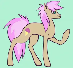 Size: 1440x1337 | Tagged: safe, artist:broniesforponies, derpibooru import, strawberry scoop, earth pony, pony, background pony, blue eyes, brown coat, cutie mark, friendship student, full body, green background, green eyes, image, jpeg, pink hair, pink mane, pink tail, raised hoof, simple background, smiling, solo, tail
