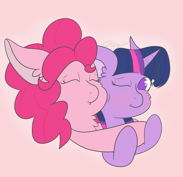 Size: 3092x3000 | Tagged: safe, artist:tkshoelace, derpibooru import, pinkie pie, twilight sparkle, earth pony, pony, unicorn, chest fluff, duo, duo female, ear fluff, female, g4, horn, hug, hug from behind, image, lesbian, png, shipping, simple background, twinkie