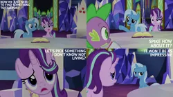 Size: 2000x1125 | Tagged: safe, derpibooru import, edit, edited screencap, editor:quoterific, screencap, spike, starlight glimmer, trixie, dragon, pony, unicorn, all bottled up, book, cutie map, g4, horn, image, png, trio, twilight's castle
