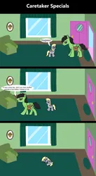 Size: 1920x3516 | Tagged: safe, artist:platinumdrop, derpibooru import, derpy hooves, oc, oc:anon, oc:anon stallion, pegasus, pony, comic:caretaker specials, series:caretaker, -food, 3 panel comic, alone, annoyed, bag, blank flank, caretaker, comic, commission, couch, crying, curtains, cute, dialogue, door, duo, excited, female, filly, filly derpy, floppy ears, foal, food, front door, frown, furniture, g4, home, ignoring, image, indoors, living room, looking at each other, looking at someone, looking down, male, muffin, open door, open mouth, painting, picture frame, png, room, sad, saddle bag, series, sitting, smiling, solo, speech bubble, spread wings, stallion, talking, tears of sadness, teary eyes, walking, window, wings, younger