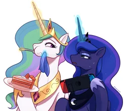 Size: 3307x2922 | Tagged: safe, artist:maren, derpibooru import, princess celestia, princess luna, twilight sparkle, twilight sparkle (alicorn), alicorn, pony, cake, commission, duo, duo male and female, eating, eyeshadow, female, food, fork, glow, glowing horn, hoof shoes, horn, image, jewelry, makeup, male, mare, nintendo switch, open mouth, plate, png, regalia, royal sisters, siblings, sisters