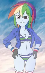 Size: 1282x2048 | Tagged: suggestive, artist:sumin6301, derpibooru import, rainbow dash, human, equestria girls, 2d, belly button, breasts, busty rainbow dash, cleavage, clothes, female, g4, gloves, hand on hip, image, jacket, jpeg, long sleeves, midriff, panties, pocket, ponytail, socks, solo, striped bra, striped panties, striped underwear, thigh highs, thighs, unamused, underwear, wristband
