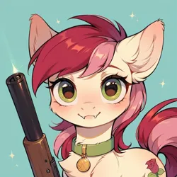 Size: 1024x1024 | Tagged: safe, ai content, derpibooru import, machine learning generated, prompter:doom9454, stable diffusion, roseluck, pony, collar, cute, fangs, fluffy, generator:pony diffusion v6 xl, gun, image, looking at you, pet tag, png, pony pet, rosepet, shotgun, weapon