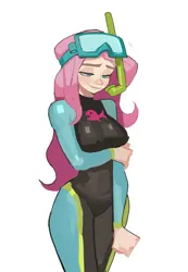 Size: 1414x2048 | Tagged: safe, artist:hyung7754, derpibooru import, fluttershy, human, equestria girls, absurd resolution, arm under breasts, breasts, busty fluttershy, clothes, dive mask, female, fluttershy's wetsuit, g4, goggles, image, jpeg, looking down, simple background, snorkel, solo, stupid sexy fluttershy, swimsuit, wetsuit, white background