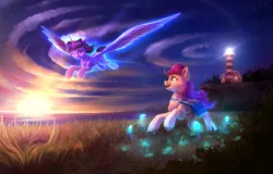 Size: 4608x2941 | Tagged: safe, artist:itssim, derpibooru import, sunny starscout, twilight sparkle, twilight sparkle (alicorn), alicorn, earth pony, pony, g5, duo, duo female, female, flying, image, lighthouse, ocean, png, sunny and her heroine, water, watermark