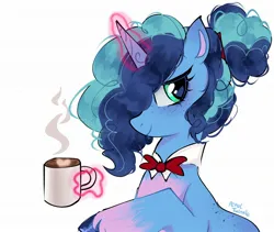 Size: 2048x1726 | Tagged: safe, artist:petaltwinkle, derpibooru import, oc, oc:veneer, changeling, pony, unicorn, g5, alternate accessories, alternate design, alternate hairstyle, alternate universe, blue coat, blue eyes, blue mane, body freckles, bowtie, bust, coat markings, coffee, colored horn, colored pinnae, cute, disguise, disguised changeling, eye clipping through hair, eyelashes, female, freckles, glow, glowing horn, hair over one eye, heart, heart eyes, horn, image, jpeg, lidded eyes, looking back, magic, mare, misty brightdawn, mistybetes, mug, ponytail, raised hoof, shiny eyes, signature, simple background, smiling, socks (coat marking), solo, teal eyes, telekinesis, tied mane, unicorn horn, unshorn fetlocks, white background, wingding eyes