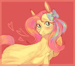 Size: 1700x1500 | Tagged: safe, artist:abbytabbys, derpibooru import, fluttershy, pegasus, pony, alternate hairstyle, alternate mane color, blue bow, blushing, border, bow, colored sketch, cutie mark eyes, eyelashes, eyeshadow, fangs, female, floating heart, folded wings, g4, hair bow, heart, image, long eyelashes, looking at you, makeup, mare, pink mane, pink tail, png, raised hoof, red background, simple background, sketch, smiling, smiling at you, solo, standing, tail, tall ears, teal eyes, two toned mane, wingding eyes, wings, yellow coat