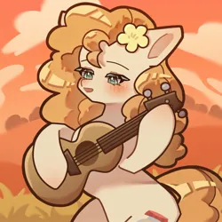 Size: 1536x1535 | Tagged: safe, artist:mugitya012, derpibooru import, pear butter, earth pony, pony, cloud, female, grass, guitar, image, jpeg, mare, musical instrument, solo