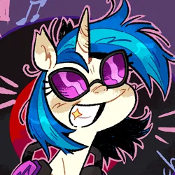 Size: 1080x1080 | Tagged: safe, artist:batzy-artz, derpibooru import, vinyl scratch, pony, unicorn, abstract background, blue mane, blush scribble, blushing, bust, colored eartips, cropped, ear tufts, emanata, female, g4, headphones, horn, image, mare, music notes, outline, png, record, shiny mane, smiling, solo, two toned mane, unicorn horn, vinyl's headphones, white coat, wide smile, zoomed in