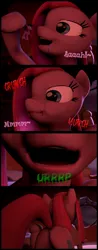 Size: 1024x2614 | Tagged: grimdark, artist:optica, pinkie pie, twilight sparkle, twilight sparkle (alicorn), alicorn, earth pony, pony, balloonbutt, blood, burp, butt, chewing, comic, cutie mark, death, drool, eating, fetish, hard vore, hoof hold, image, lidded eyes, mawshot, onomatopoeia, open mouth, oral vore, pinkamena diane pie, plot, png, puffy cheeks, rear view, scared, shrunken pupils, tail, vore