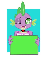 Size: 2975x3850 | Tagged: safe, anonymous editor, artist:saurian, edit, spike, dragon, apron, clothes, exploitable meme, femboy, femboy spike, holding sign, image, looking at you, male, meme, meme template, open smile, png, sign, simple background, solo, winking at you
