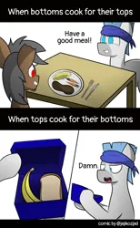 Size: 4120x6682 | Tagged: safe, artist:japkozjad, derpibooru import, oc, oc:hammerhead, oc:long shores, unofficial characters only, pony, angry, banana, bread, carrot, comic, food, fork, happy, image, knife, lunchbox, male, mashed potatoes, meat, plate, png, pony oc, potato, simple background, smiling, stallion, text, white background