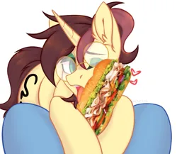 Size: 1457x1262 | Tagged: suggestive, artist:renrenchik, derpibooru import, oc, oc:ambiguity, oc:sertpony, earth pony, unicorn, brown mane, commission, crooked glasses, cutie mark, ear fluff, floating heart, food, gay, glasses, heart, horn, image, licking, male, meme edit, nonbinary, not porn, nudity, one eye closed, one eye open, oral, png, ponytail, sandwich, sandwich censorship, sex, subway, tongue out, two toned mane, wingdings, ych result, yellow coat