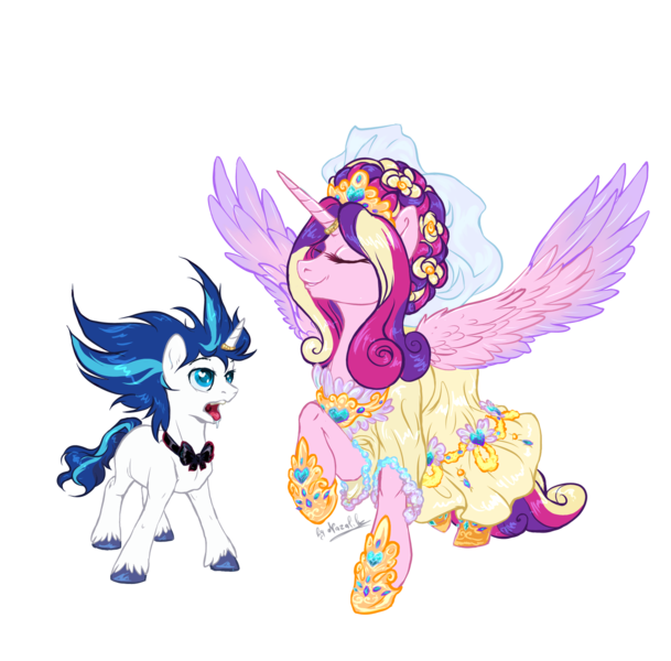 Size: 1600x1577 | Tagged: safe, artist:nazalik, derpibooru import, princess cadance, shining armor, alicorn, pony, unicorn, blushing, bowtie, clothes, colored wings, dress, duo, eyes closed, female, g4, gradient wings, heart, heart eyes, height difference, horn, horn ring, horns, image, jewelry, looking at each other, looking at someone, makeup, male, meme, messy mane, missing cutie mark, png, ring, ruffles, shine, ship:shiningcadance, shipping, simple background, smiling, smiling at each other, spread wings, straight, suit, the bride and the ugly ass groom, transparent background, unshorn fetlocks, veil, wedding dress, wedding rings, wedding veil, wingding eyes, wings