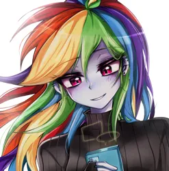 Size: 1012x1024 | Tagged: safe, artist:pulse, derpibooru import, rainbow dash, human, equestria girls, clothes, female, g4, image, jpeg, mobile phone, phone, simple background, smiling, solo, sweater, turtleneck, white background