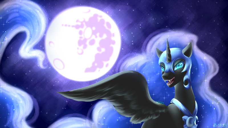 Size: 1920x1080 | Tagged: safe, artist:n3tt0l, derpibooru import, nightmare moon, alicorn, pony, cat eyes, dark background, ears up, fangs, female, g4, half body, helmet, image, jewelry, long hair, long mane, looking at you, moon, open mouth, peytral, png, regalia, sharp teeth, shiny eyes, shiny mane, slit eyes, slit pupils, solo, spread wings, stars, teeth, wings