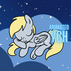 Size: 864x864 | Tagged: safe, artist:lannielona, derpibooru import, derpy hooves, pegasus, pony, :o, advertisement, animated, cloud, commission, eyes closed, female, folded wings, gif, image, mare, night, open mouth, resting, sky, sleeping, solo, underhoof, wings, your character here