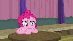Size: 1920x1088 | Tagged: safe, derpibooru import, screencap, pinkie pie, earth pony, a trivial pursuit, season 9, spoiler:s09, blue eyes, cute, diapinkes, eyelashes, female, frown, g4, image, jpeg, pink fur, pink hair, pink mane, sad, solo, solo female, sparkly eyes, table, wingding eyes