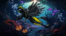Size: 2048x1139 | Tagged: artist needed, safe, derpibooru import, oc, oc:shadow whip, unofficial characters only, anthro, fish, pegasus, bubble, castle, coral, coral reef, crepuscular rays, digital art, dive mask, diving, diving suit, dorsal fin, feather, fin, fins, fish tail, flippers (gear), flowing mane, flowing tail, goggles, high res, image, ocean, oxygen mask, oxygen tank, png, reef, rock, scales, scenery, scenery porn, scuba diving, scuba gear, seaweed, solo, spread wings, sunlight, swimming, tail, underwater, water, wetsuit, wings