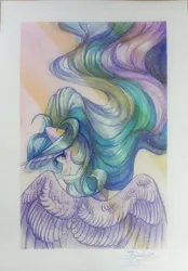 Size: 2786x4000 | Tagged: safe, artist:jsunlight, derpibooru import, princess celestia, alicorn, pony, image, png, solo, traditional art, watercolor painting