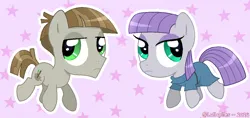 Size: 1098x518 | Tagged: safe, artist:lullapiies, derpibooru import, maud pie, mudbriar, earth pony, pony, clothes, duo focus, female, g4, image, male, mare, maudbriar, png, shipping, signature, simple background, straight