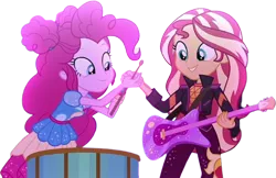 Size: 3882x2520 | Tagged: safe, derpibooru import, edit, edited screencap, editor:homersimpson1983, screencap, pinkie pie, sunset shimmer, human, equestria girls, background removed, female, g4, image, musical instrument, not a vector, png