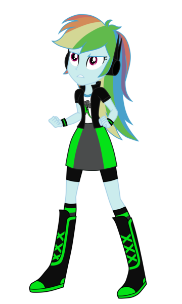 Size: 3300x5500 | Tagged: safe, artist:machakar52, derpibooru import, rainbow dash, human, elements of insanity, equestria girls, alternate cutie mark, alternate universe, boots, bracelet, clothes, cutie mark, cutie mark on clothes, frown, g4, image, jacket, jewelry, png, rainbine, rainbine ears, shirt, shoes, simple background, skirt, socks, solo, transparent background