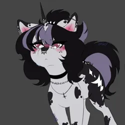 Size: 4680x4680 | Tagged: safe, artist:toxikil, derpibooru import, oc, oc:blitz chord, pony, unicorn, blushing, choker, coat markings, crying, ear piercing, earring, facial markings, freckles, horn, horn ring, image, industrial piercing, jewelry, necklace, nose piercing, piercing, png, ring, septum piercing, spotted, tail, tail ring, teary eyes, two toned mane, wingding eyes