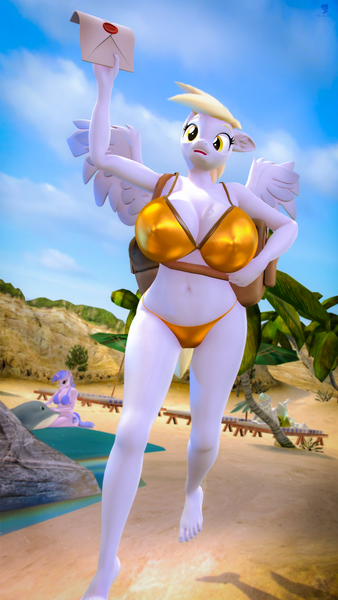 Size: 4320x7680 | Tagged: safe, artist:silkworm205, derpibooru import, part of a set, derpy hooves, sea swirl, seafoam, vapor trail, anthro, dolphin, pegasus, plantigrade anthro, series:silkworm205's weekly artwork 2024, 3d, bag, beach, belly button, big breasts, bikini, bikini bottom, bikini top, breasts, busty derpy hooves, clothes, colored eyebrows, colored wings, colored wingtips, ear fluff, female, floppy ears, fluffy mane, fluffy tail, g4, golden bikini, holding, image, letter, lying down, mailbag, mailmare, palm tree, png, revamped anthros, running, sitting, solo focus, source filmmaker, spread wings, swimsuit, tail, tree, water, wings