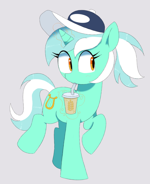 Size: 1467x1803 | Tagged: safe, artist:spoonie, derpibooru import, lyra heartstrings, pony, unicorn, alternate hairstyle, baseball cap, cap, drink, gray background, hat, horn, image, oat smoothie, png, ponytail, simple background, solo