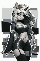 Size: 3300x5100 | Tagged: suggestive, artist:therocknrollmartian, derpibooru import, oc, unofficial characters only, anthro, unicorn, anarchist, belly button, belly piercing, breasts, bustier, choker, cleavage, clothes, ear piercing, eyebrow piercing, female, garters, horn, image, jpeg, looking at you, miniskirt, piercing, punk, sidemouth, skirt, smiling, smiling at you, socks, solo, solo female, tattoo, thigh highs