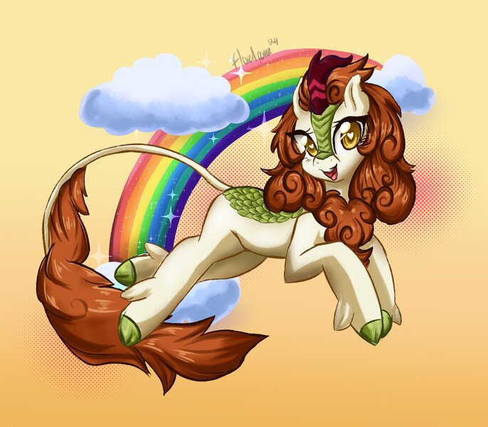 Size: 2048x1792 | Tagged: safe, artist:floralshitpost, derpibooru import, autumn blaze, kirin, cloud, heart, heart eyes, image, jpeg, rainbow, wingding eyes