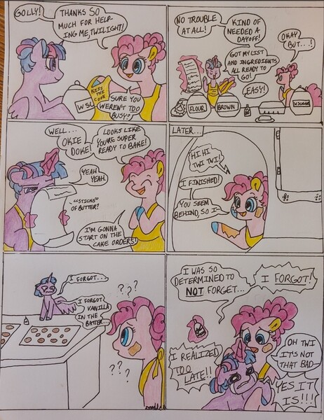 Size: 1080x1403 | Tagged: safe, artist:doodletheexpoodle, derpibooru import, pinkie pie, twilight sparkle, twilight sparkle (alicorn), alicorn, earth pony, pony, alternate hairstyle, apron, baking, clothes, crying, dialogue, duo, duo female, female, image, jpeg, levitation, list, magic, mare, question mark, speech bubble, telekinesis, traditional art
