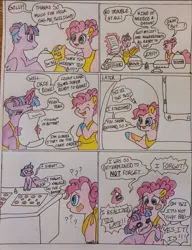Size: 1080x1403 | Tagged: safe, artist:doodletheexpoodle, derpibooru import, pinkie pie, twilight sparkle, twilight sparkle (alicorn), alicorn, earth pony, pony, alternate hairstyle, apron, baking, clothes, crying, dialogue, duo, duo female, female, image, jpeg, levitation, list, magic, mare, question mark, speech bubble, telekinesis, traditional art