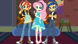 Size: 1147x645 | Tagged: safe, artist:richardchibbard, derpibooru import, fluttershy, sunset shimmer, oc, oc:flare spark, equestria girls, game stream, spoiler:eqg series (season 2), clothes, converse, crossed arms, female, g4, gamer sunset, hand on hip, headphones, image, jpeg, my little pony equestria girls: better together, shoes, sneakers, sunset's apartment, trio, trio female