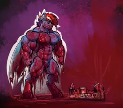 Size: 2184x1914 | Tagged: suggestive, artist:rizzyofen, derpibooru import, rainbow dash, anthro, abs, bodybuilder, can, covered, cross-popping veins, dripping, emanata, food, image, jam, male, messy, muscles, muscular male, not blood, overdeveloped muscles, png, rainbow blitz, rule 63