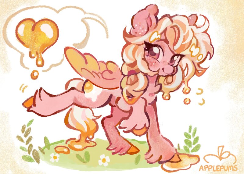 Size: 3500x2500 | Tagged: safe, artist:applepums, derpibooru import, oc, oc:eggy custard, unofficial characters only, pegasus, pony, abstract background, big ears, big eyes, chest fluff, colored hooves, colored pinnae, colored wings, colored wingtips, commission, cute, daisy (flower), ear freckles, egg, egg yolk, emanata, eye clipping through hair, eyebrows, eyebrows visible through hair, eyelashes, female, fern, flower, freckles, goo mane, goo tail, grass, heart, high res, image, jpeg, long mane, long tail, mare, motion lines, ocbetes, partially open wings, pegasus oc, pink coat, pink eyes, plewds, ponytail, raised eyebrow, raised hoof, raised leg, shiny mane, shiny tail, signature, smiling, solo, speech bubble, standing, tail, tied mane, two toned mane, two toned tail, two toned wings, unshorn fetlocks, walking, wingding eyes, wings